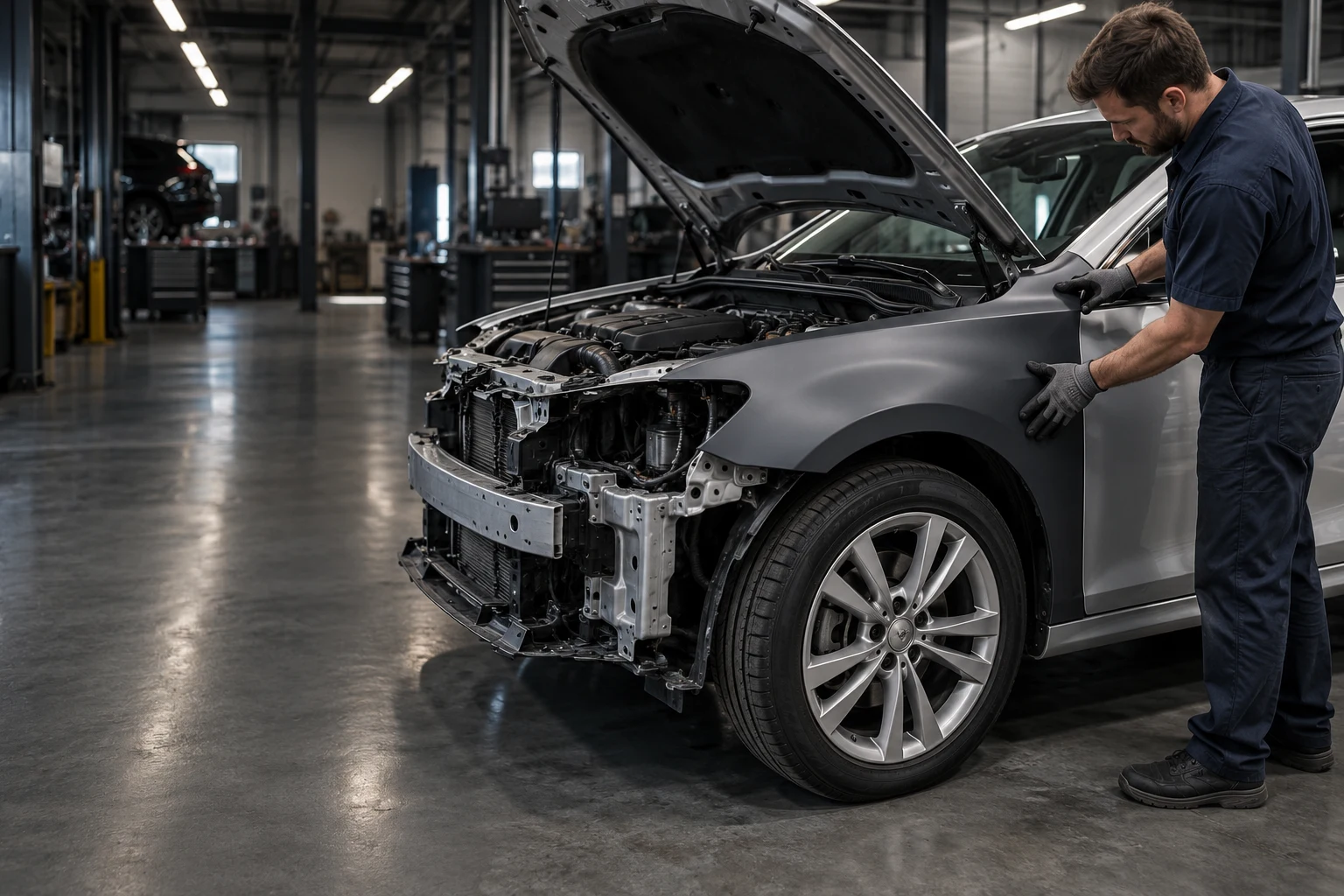 A technician checking the fit of a straight replacement fender with the bumper and headlamp removed